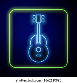 Glowing neon Guitar icon isolated on blue background. Acoustic guitar. String musical instrument.  Vector Illustration