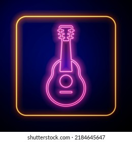 Glowing neon Guitar icon isolated on black background. Acoustic guitar. String musical instrument.  Vector