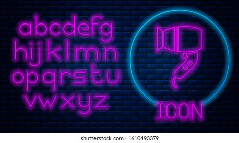 Glowing neon Hair dryer icon isolated on brick wall background. Hairdryer sign. Hair drying symbol. Blowing hot air. Neon light alphabet. Vector Illustration