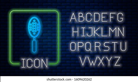 Glowing neon Hairbrush icon isolated on brick wall background. Comb hair sign. Barber symbol. Neon light alphabet. Vector Illustration