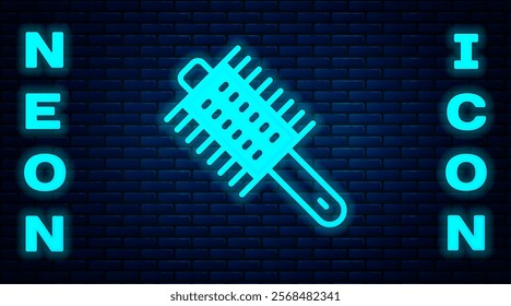 Glowing neon Hairbrush icon isolated on brick wall background. Comb hair sign. Barber symbol.  Vector