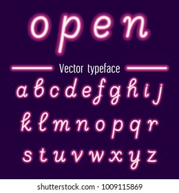 Glowing neon hand drawn alphabet font.. Luminous light effect letters in pink purple on a dark background . Retro 80s techno acid style. Vector illustration