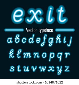 Glowing neon hand drawn alphabet font.. Luminous light effect letters in blue on a dark background . Retro 80s techno acid style. Vector illustration