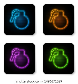 Glowing neon Hand grenade icon isolated on white background. Bomb explosion. Black square button. Vector Illustration