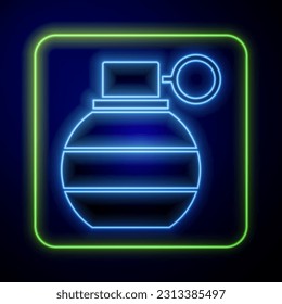 Glowing neon Hand grenade icon isolated on blue background. Bomb explosion.  Vector