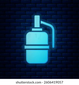 Glowing neon Hand grenade icon isolated on brick wall background. Bomb explosion.  Vector