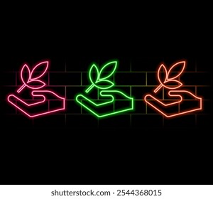Glowing neon Hand hold a leaf of the plant icon isolated on black background. Care nature. Leaf shoots with environmental protection. Vector.