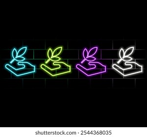 Glowing neon Hand hold a leaf of the plant icon isolated on brick wall background. Care nature. Leaf shoots with environmental protection. Vector.