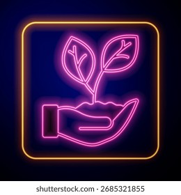 Glowing neon Hand hold a leaf of the plant icon isolated on black background. Care nature. Leaf shoots with environmental protection.  Vector
