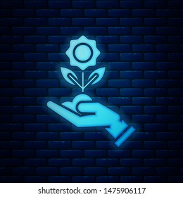 Glowing neon Hand holding flower icon isolated on brick wall background. Seed and seedling. Planting sapling. Ecology concept.  Vector Illustration