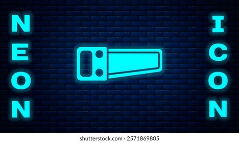 Glowing neon Hand saw icon isolated on brick wall background.  Vector Illustration