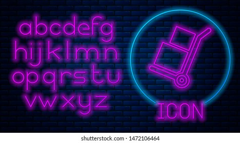 Glowing neon Hand truck and boxes icon isolated on brick wall background. Dolly symbol. Neon light alphabet. Vector Illustration