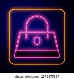 Glowing neon Handbag icon isolated on black background. Female handbag sign. Glamour casual baggage symbol.  Vector