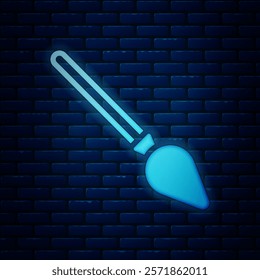 Glowing neon Handle broom icon isolated on brick wall background. Cleaning service concept.  Vector