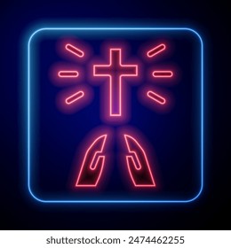 Glowing neon Hands in praying position icon isolated on black background. Prayer to god with faith and hope.  Vector