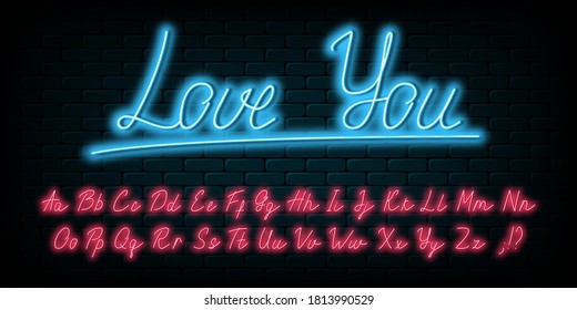 Glowing neon handwritten script font. English neon alphabet with uppercase and lowercase bright letters. Lettering style font. Vector illustration.