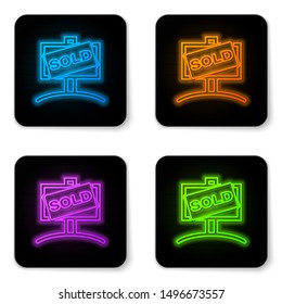 Glowing neon Hanging sign with text Sold icon isolated on white background. Sold sticker. Sold signboard. Black square button. Vector Illustration