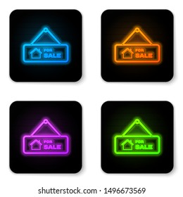 Glowing neon Hanging sign with text For Sale icon isolated on white background. Signboard with text For Sale. Black square button. Vector Illustration