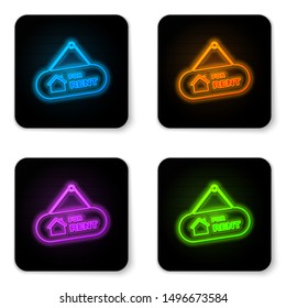 Glowing neon Hanging sign with text For Rent icon isolated on white background. Signboard with text For Rent. Black square button. Vector Illustration