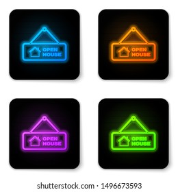 Glowing neon Hanging sign with text Open house icon isolated on white background. Signboard with text Open house. Black square button. Vector Illustration