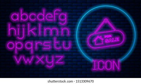 Glowing neon Hanging sign with text For Sale icon isolated on brick wall background. Signboard with text For Sale. Neon light alphabet. Vector Illustration