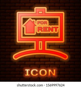 Glowing neon Hanging sign with text For Rent icon isolated on brick wall background. Signboard with text For Rent.  Vector Illustration