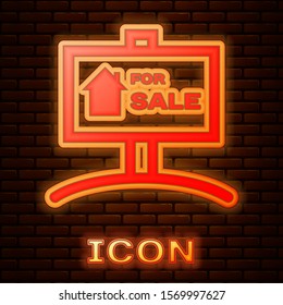 Glowing neon Hanging sign with text For Sale icon isolated on brick wall background. Signboard with text For Sale.  Vector Illustration