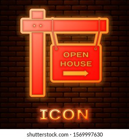Glowing neon Hanging sign with text Open house icon isolated on brick wall background. Signboard with text Open house.  Vector Illustration