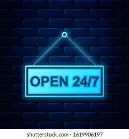 Glowing neon Hanging sign with text Open 24-7 hours icon isolated on brick wall background. Business theme for cafe or restaurant, club and bar.  Vector Illustration