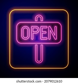 Glowing neon Hanging sign with text Open door icon isolated on black background.  Vector