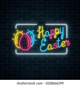 Glowing neon happy easter signboard with eggs and lettering on dark brick wall background. Easter funny greeting banner. Vector illustration.