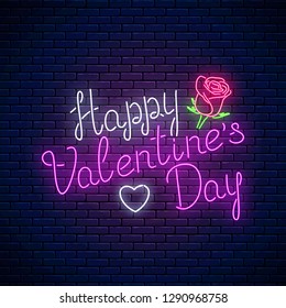 Glowing neon happy valentines day text with rose flower and heart shape on dark brick wall background. Vector illustration of valentine day greeting card with lettering in neon style.