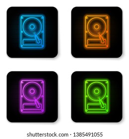 Glowing neon Hard disk drive HDD icon isolated on white background. Black square button. Vector Illustration