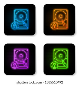 Glowing neon Hard disk drive and lock icon isolated on white background. HHD and padlock. Security, safety, protection concept. Black square button. Vector Illustration