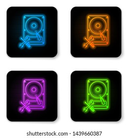 Glowing neon Hard disk drive with screwdriver and wrench icon isolated on white background. Adjusting, service, setting, maintenance, repair, fixing. Black square button. Vector Illustration