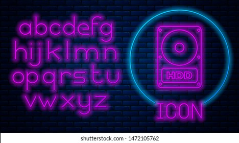 Glowing neon Hard disk drive HDD icon isolated on brick wall background. Neon light alphabet. Vector Illustration