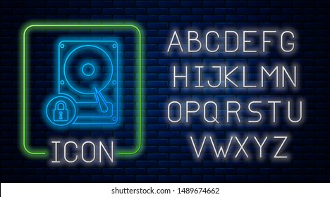 Glowing neon Hard disk drive and lock icon isolated on brick wall background. HHD and padlock. Security, safety, protection concept. Neon light alphabet. Vector Illustration