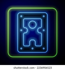 Glowing neon Hard disk drive HDD icon isolated on blue background.  Vector