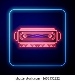 Glowing neon Harmonica icon isolated on blue background. Musical instrument.  Vector Illustration