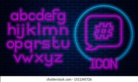 Glowing neon Hashtag speech bubble icon isolated on brick wall background. Concept of number sign, social media marketing, micro blogging. Neon light alphabet. Vector Illustration