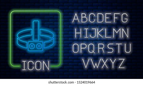 Glowing neon Head flashlight icon isolated on brick wall background. Tourist head flashlight. Camping head light. Neon light alphabet. Vector Illustration