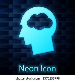 Glowing neon Head silhouette with cloud icon isolated on brick wall background. Dreaming sign. Vector Illustration