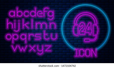 Glowing neon Headphone for support or service icon isolated on brick wall background. ?onsultation, hotline, call center, faq, maintenance, assistance. Neon light alphabet. Vector Illustration