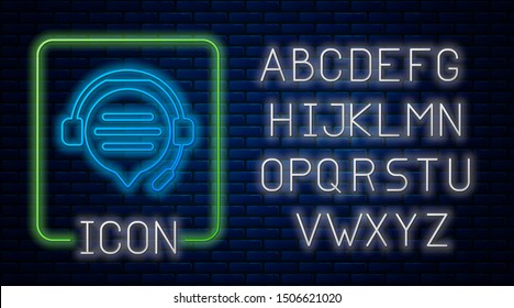 Glowing neon Headphones with speech bubble chat icon isolated on brick wall background. Support customer service Neon light alphabet. Vector Illustration