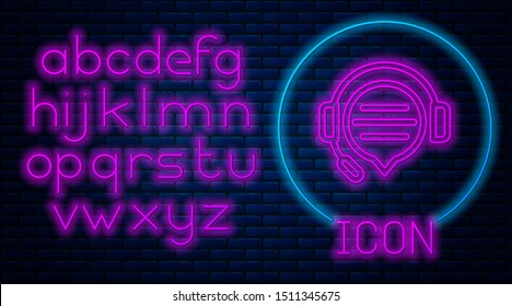 Glowing neon Headphones with speech bubble chat icon isolated on brick wall background. Support customer service, hotline, call center, faq, maintenance. Neon light alphabet. Vector Illustration
