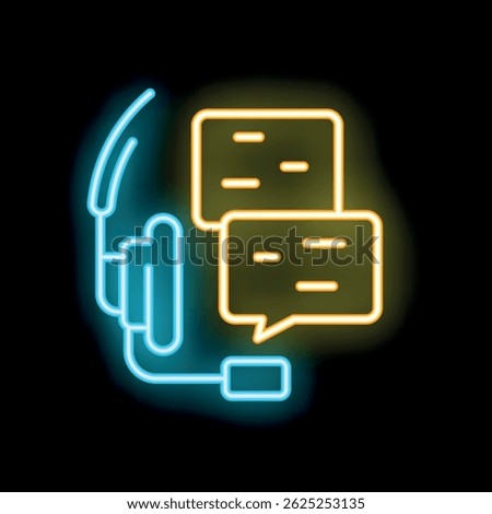 Glowing neon headset with speech bubbles representing online support, call center services, and communication technology