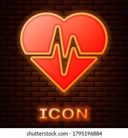 Glowing neon Health insurance icon isolated on brick wall background. Patient protection. Security, safety, protection, protect concept. Vector.