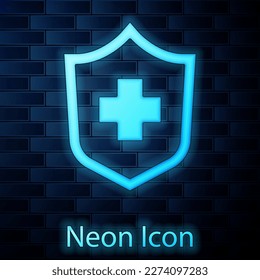 Glowing neon Health insurance icon isolated on brick wall background. Patient protection. Security, safety, protection, protect concept.  Vector