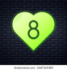 Glowing neon Heart with 8 March icon isolated on brick wall background. Romantic symbol linked, join, passion and wedding. Happy Women Day.  Vector