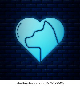 Glowing neon Heart with cat icon isolated on brick wall background. Love to the animals.  Vector Illustration